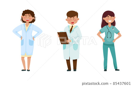 Smiling Man and Woman Doctor with Stethoscope Wearing Medical Uniform Vector Set Smiling Man and Woman Doctor with Stethoscope Wearing Medical Uniform Vector Set 85437601