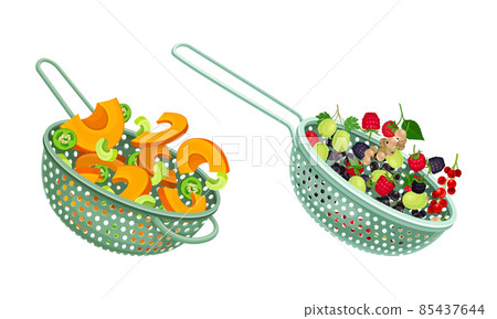 Vegetables in kitchen colander set. Strainers full of pumpkin, pepper, currant, gooseberry, raspberry fresh berries and vegetables. Healthy organic food vector illustration 85437644