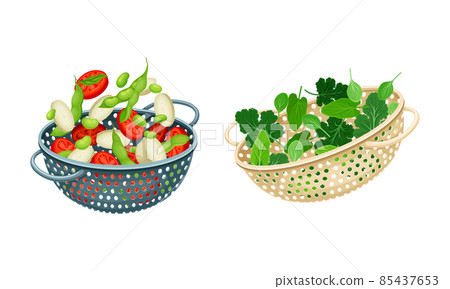 Vegetables in kitchen colander set. Strainers full of tomato, bean, peas, greenery. Healthy organic food vector illustration Vegetables in kitchen colander set. Strainers full of tomato, bean, peas, greenery. Healthy organic food vector illustration 85437653