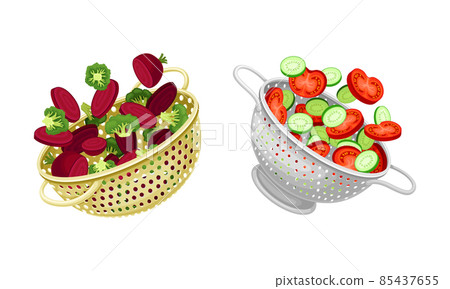 Vegetables in kitchen colander set. Strainers full of beetroot, broccoli, tomato,cucumber vegetables. Healthy organic food vector illustration Vegetables in kitchen colander set. Strainers full of beetroot, broccoli, tomato,cucumber vegetables. Healthy organic food vector illustration 85437655