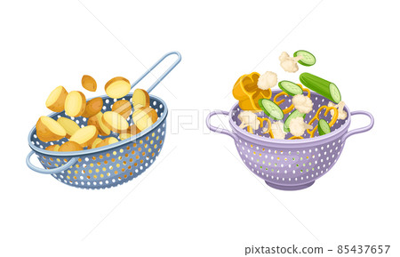Vegetables in kitchen colander set. Strainers full of cauliflower, cucumber, potato, pepper vegetables. Healthy organic food vector illustration 85437657