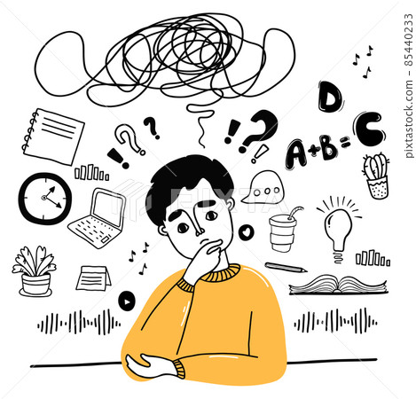 set of line drawings about thoughts and tasks. Pensive man, thoughts and formulas, books, study, podcast, laptop. Vector illustration in hand drawn doodle style, outline. Podcast, hobby, study concept set of line drawings about thoughts and tasks. Pensive man, thoughts and formulas, books, study, podcast, laptop. Vector illustration in hand drawn doodle style, outline. Podcast, hobby, study concept 85440233