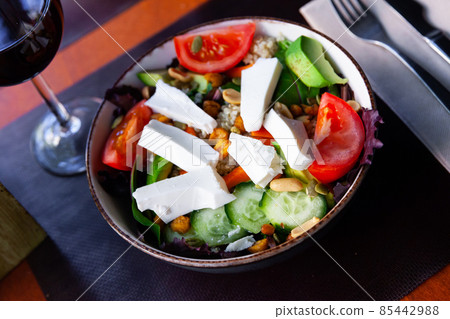 traditional mediterranean salad with cheese and quinoa 85442988