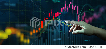 Businessman finger touch symbol stock graph and chart with business candlestick. Online trading, Investment, Strategy market plan, and Stock market fluctuations Concept. 85446108