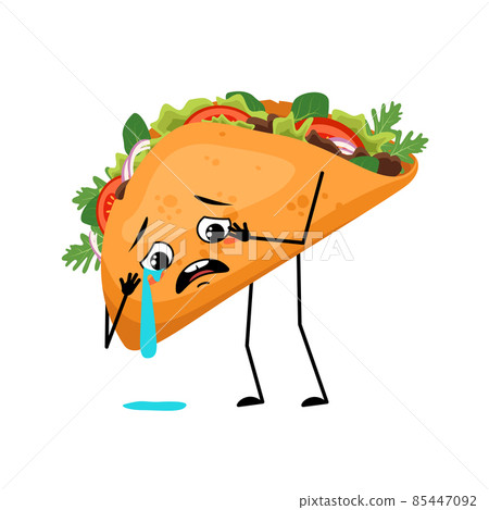 Cute character mexican taco with crying and tears emotion, sad face, depressive eyes, arms and legs. Fast food person with melancholy expression, sandwich with flatbread. 85447092