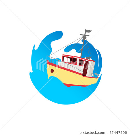 Fisherman boat logo illustration.Sea or ocean transportation, marine ship for industrial seafood production vector illustration in flat style. 85447306