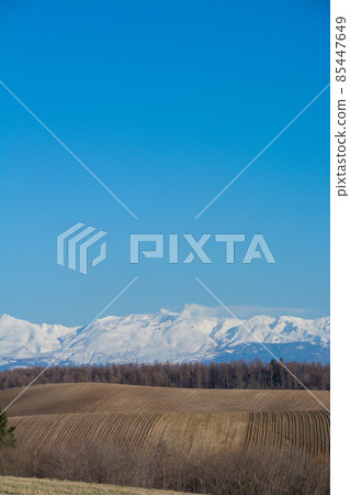 Spring hills and snowy mountains Tokachidake 85447649