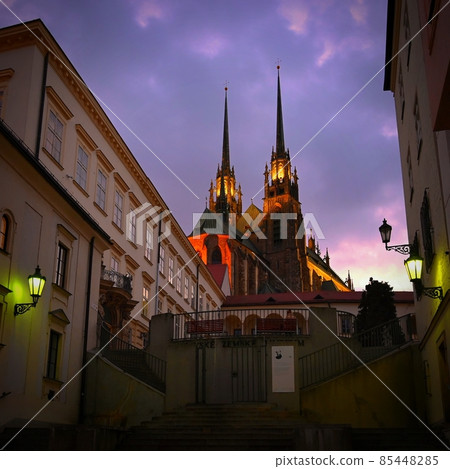 Brno city in the Czech Republic. Europe.Petrov - Cathedral of Saints Peter and Paul. Beautiful old architecture and a popular tourist destination. Landscape with snow in winter. 85448285