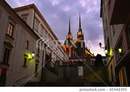 Brno city in the Czech Republic. Europe.Petrov - Cathedral of Saints Peter and Paul. Beautiful old architecture and a popular tourist destination. Landscape with snow in winter. 85448305