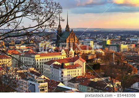 Brno city in the Czech Republic. Europe.Petrov - Cathedral of Saints Peter and Paul. Beautiful old architecture and a popular tourist destination. Landscape with snow in winter. 85448306