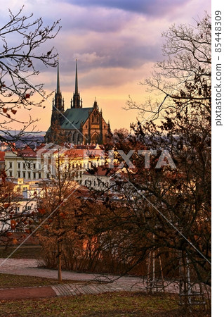 Brno city in the Czech Republic. Europe.Petrov - Cathedral of Saints Peter and Paul. Beautiful old architecture and a popular tourist destination. Landscape with snow in winter. Brno city in the Czech Republic. Europe.Petrov - Cathedral of Saints Peter and Paul. Beautiful old architecture and a popular tourist destination. Landscape with snow in winter. 85448309