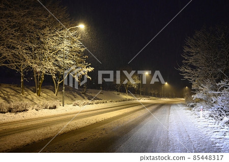 Bad weather driving - foggy hazy country road. Motorway - road traffic. Winter time. Bad weather driving - foggy hazy country road. Motorway - road traffic. Winter time. 85448317