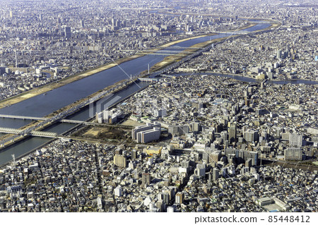 Aerial view of the vicinity of Shin-Koiwa Station on the Sobu Line 85448412