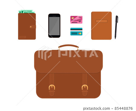 Briefcase and accessories isolated on white background Briefcase and accessories isolated on white background 85448876