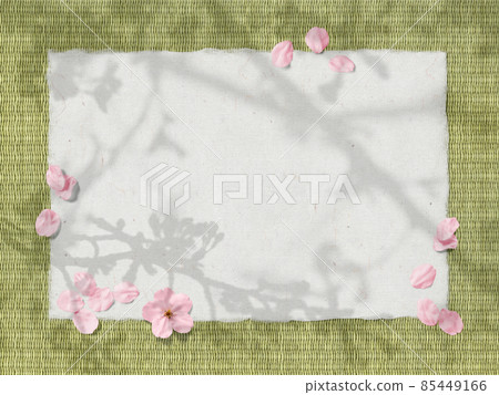 Japanese paper and tatami with the silhouette of cherry blossoms, scattered cherry blossom petals Japanese paper and tatami with the silhouette of cherry blossoms, scattered cherry blossom petals 85449166