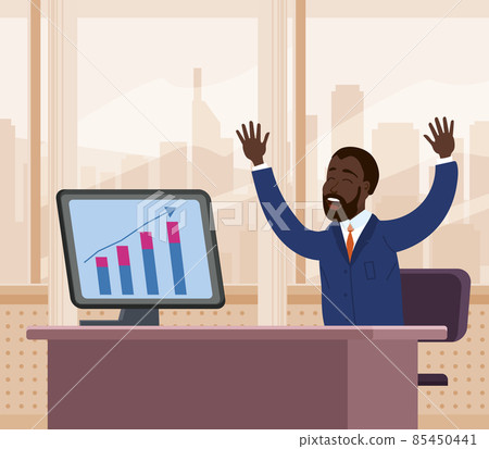 Businessman african successfull joiful happy, performance graphs growth are on the top of success. Profitable investment, stock market income on computer monitor. Millionaire banker, financier cartoon Businessman african successfull joiful happy, performance graphs growth are on the top of success. Profitable investment, stock market income on computer monitor. Millionaire banker, financier cartoon 85450441