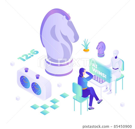 Robot machine and woman playing chess, flat vector isometric illustration. AI wins. Robots superiority. AI vs human. 85450900