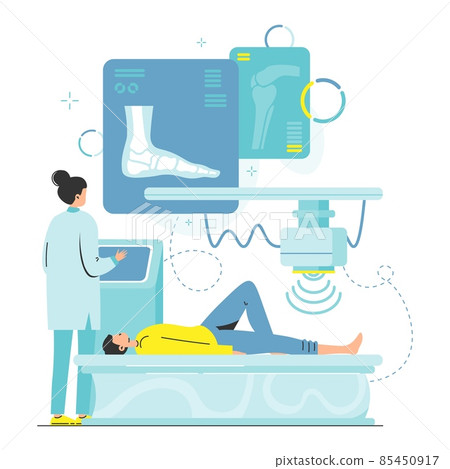 Xray examination, fluoroscopy, bone scan of patient leg, Bone fracture, injury, osteoarthritis, foot arthritis, vector. 85450917