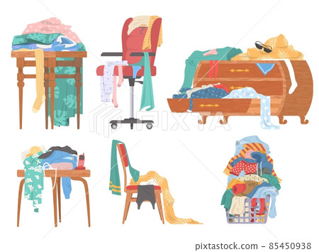 Scattered clothes, female stuff in chest of drawers, on chair, on table, vector isolated illustration. Mess, disorder. Scattered clothes, female stuff in chest of drawers, on chair, on table, vector isolated illustration. Mess, disorder. 85450938