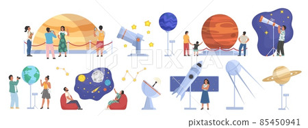 Planetarium, space museum scenes. People looking at sky, planets, stars, celestial bodies, listening to guide, vector. 85450941