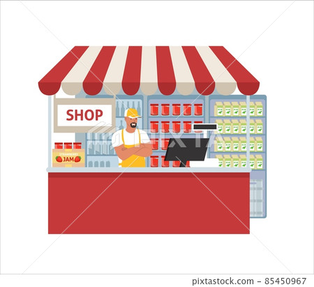 Jam store, flat vector illustration. Supermarket, grocery store canned fruits section. Retail shop small business. Jam store, flat vector illustration. Supermarket, grocery store canned fruits section. Retail shop small business. 85450967