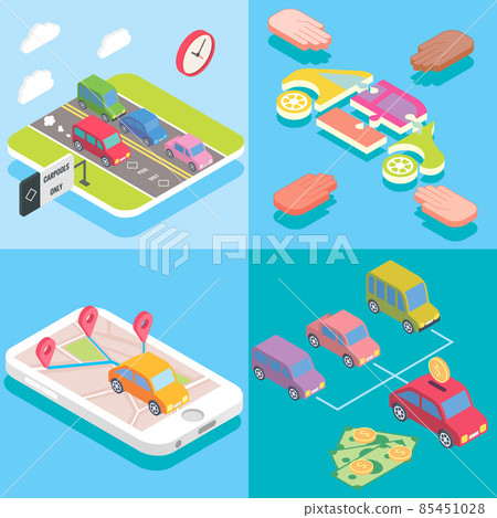 Carpool service concept in isometric style design. Vector flat 3d icons. People sharing cars. Mobile smartphone to share ride and use carpooling HOV lane. Sharing economy and collaborative consumption Carpool service concept in isometric style design. Vector flat 3d icons. People sharing cars. Mobile smartphone to share ride and use carpooling HOV lane. Sharing economy and collaborative consumption 85451028