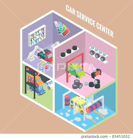 Car service center isometric icons. Vector flat 3d design elements. Auto painting, collision repair, multi level parking, car wash, change tyres, Car mechanic garage 85451032