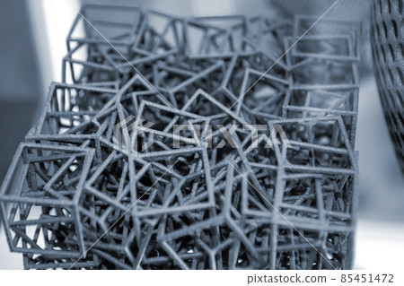 Black abstract model object printed on 3d printer from powder close-up 85451472