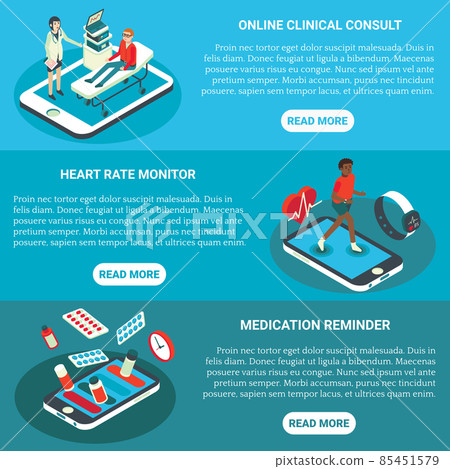 Online medical services vector flat isometric horizontal banner set Online medical services vector flat isometric horizontal banner set 85451579