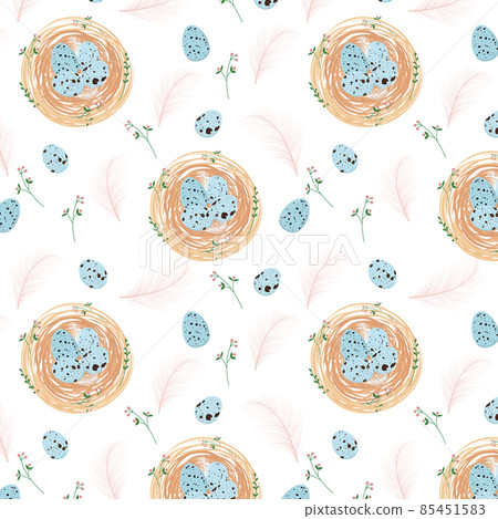 A bird's nest with eggs. Vector stock illustration. The house is a basket made of twigs. Easter. Isolated on a white background. 85451583