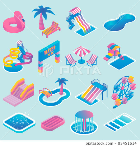 Vector water park flat isometric icon set - Stock Illustration ...