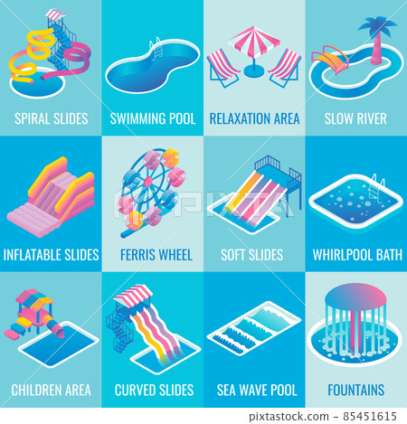 Vector water park attractions flat isometric icon set Vector water park attractions flat isometric icon set 85451615