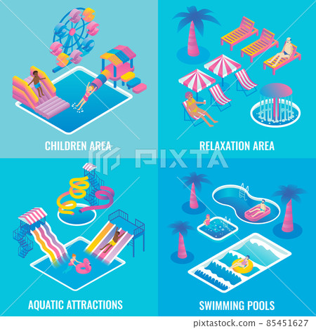 Water park vector flat isometric poster set Water park vector flat isometric poster set 85451627
