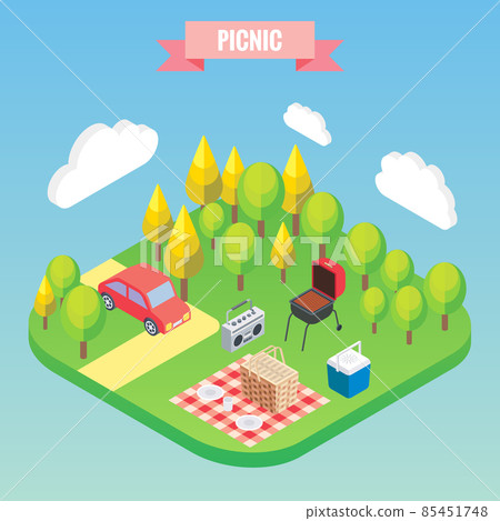 Picnic in a park isometric objects. Vector... - Stock Illustration ...