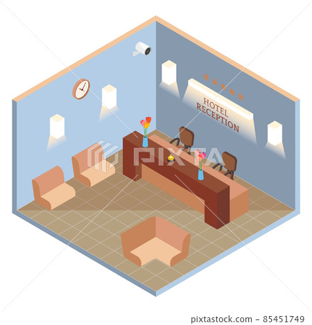Hotel reception interior in vector isometric style. Illustration in flat 3d design. Hotel lobby room Hotel reception interior in vector isometric style. Illustration in flat 3d design. Hotel lobby room 85451749