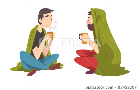 Man Sitting Covered with Cozy Plaid Enjoying Hot Drink in Mug Vector Set 85452207