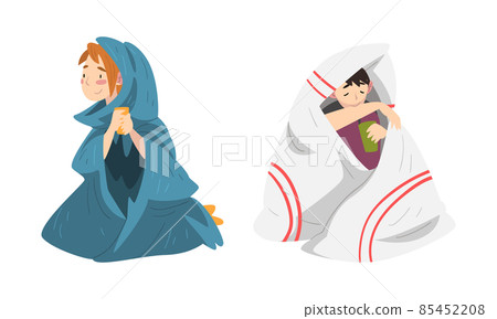 Man and Woman Sitting Covered with Cozy Plaid Enjoying Hot Drink in Mug Vector Set 85452208