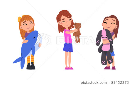 Little Girl Holding Favorite Toy Whale and Teddy Bear Vector Set 85452273