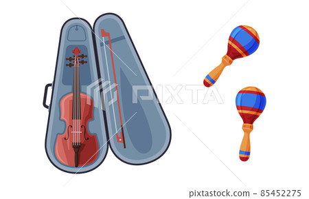 Violin in Case and Maraca as Musical Instrument Vector Set 85452275