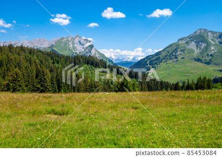 Mountain landscape and Mont Blanc view in La Clusaz, France Mountain landscape and Mont Blanc view in La Clusaz, France 85453084