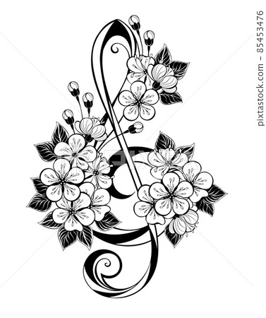 Contour treble clef with sakura Contour treble clef with sakura 85453476