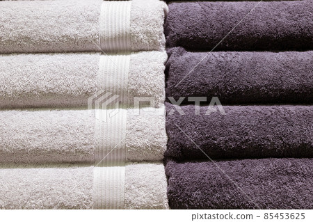 Stack of fluffy towels in store. Background 85453625