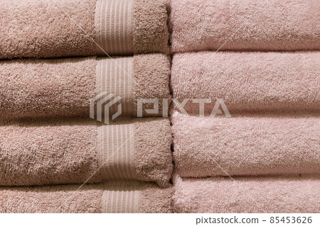 Stack of fluffy towels in store. Background 85453626