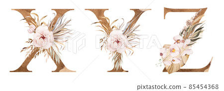 Watercolor letters decorarated with dried leaves and tropical flowers, Bohemian alphabet illustration 85454368