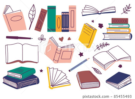 Isolated doodle books. Sketchy book stack, colorful notebook and dictionary. Kids library, read time. Pen and pencil, flat school, university education decent vector tool Isolated doodle books. Sketchy book stack, colorful notebook and dictionary. Kids library, read time. Pen and pencil, flat school, university education decent vector tool 85455493