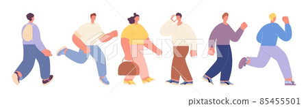 People go and run. Woman men in different projection. Flat cartoon business characters. Sport guy, businesswoman, male talk on smartphone, vector set People go and run. Woman men in different projection. Flat cartoon business characters. Sport guy, businesswoman, male talk on smartphone, vector set 85455501