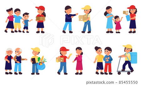 People and delivery. Commercial idea of help to senior, groceries store services. Courier with boxes, parcels and food bags. Service to public decent vector set People and delivery. Commercial idea of help to senior, groceries store services. Courier with boxes, parcels and food bags. Service to public decent vector set 85455550