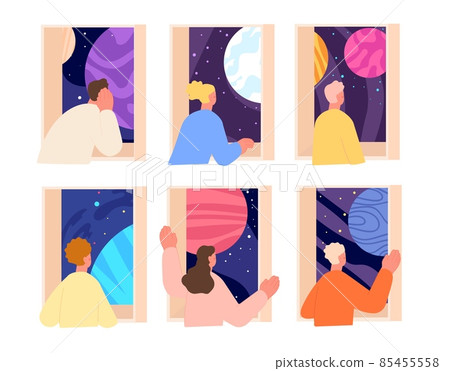 People dreaming at windows. Peeking woman, window home on sky. Persons relax, looking in universe thinking about future. Romantic mood utter vector set 85455558