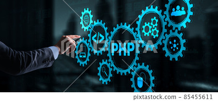Businessman is pressing on the virtual screen php Businessman is pressing on the virtual screen php 85455611