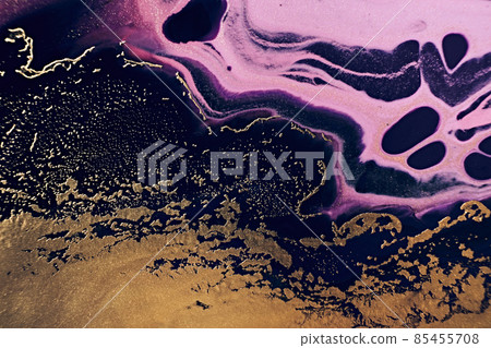 Fluid Art. Golden metallic, black and pink wriggling waves. Marble effect background or texture Fluid Art. Golden metallic, black and pink wriggling waves. Marble effect background or texture 85455708